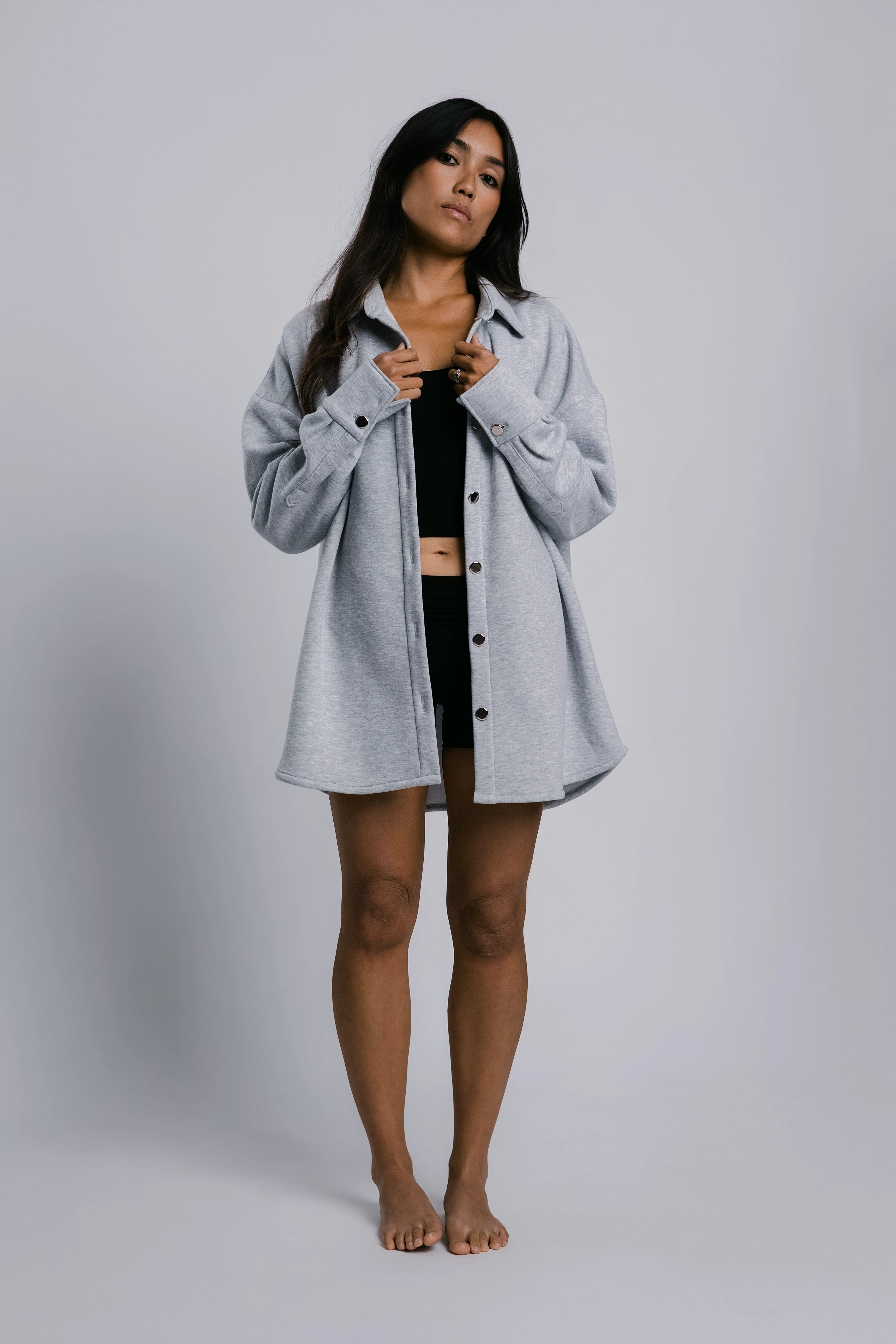 Model wearing the Billy Off-Duty Shirt in grey, front view.